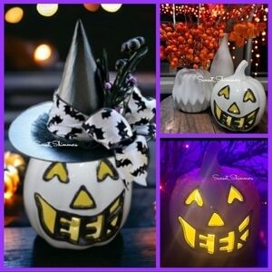 Halloween Light Up Black & White EEK Pumpkin Ceramic JACK O LANTERN Figure New
